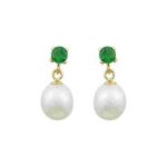 Σκουλαρίκια κρεμαστά με πράσινο ζιργκόν και μαργαριτάρι σε κίτρινο χρυσό Κ14