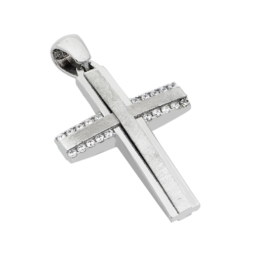 Σταυρός σε λευκό χρυσό Κ14 διπλής όψης λουστρέ και ματ με λευκά ζιργκόν