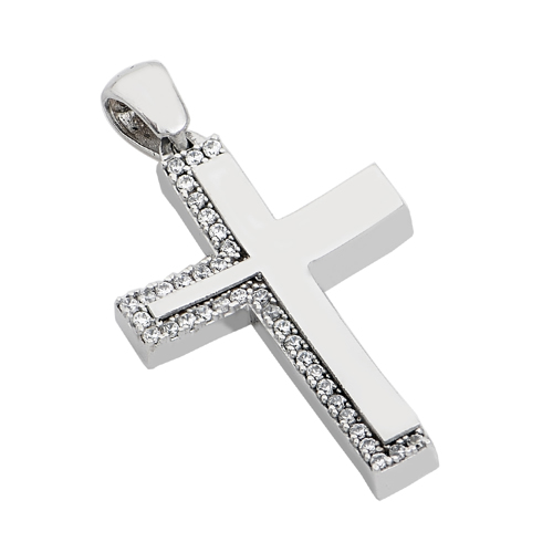 Σταυρός σε λευκό χρυσό Κ14 διπλής όψης λουστρέ με λευκά ζιργκόν
