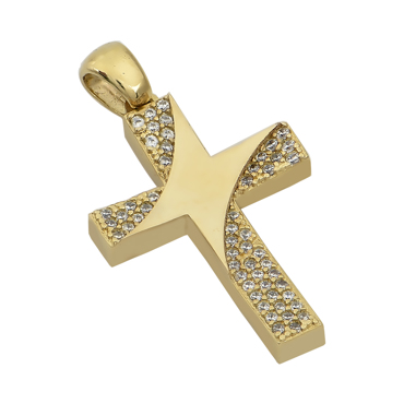 Σταυρός κίτρινος χρυσός σε Κ14 με λευκά ζιργκόν