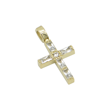 Σταυρός μικρός σε κίτρινο χρυσό K14 και λευκά baguette ζιργκόν