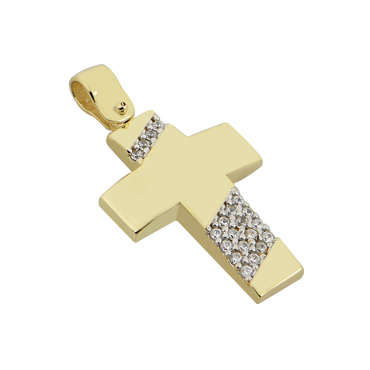 Σταυρός σε κίτρινο χρυσό Κ14 με ζιργκόν και πίσω ματ επιφάνεια