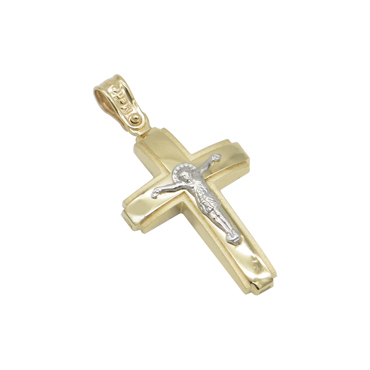 Σταυρός σε κίτρινο και λευκό χρυσό Κ14 με εσταυρωμένο πομπέ και δυο όψεων