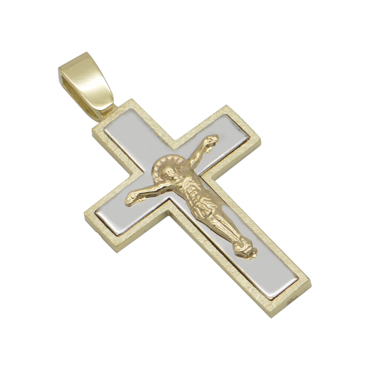 Σταυρός δίχρωμος με τον εσταυρωμένο σε λευκό και κίτρινο χρυσό Κ14