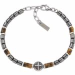 Βραχίολι ανδρικό ασημένιο με σταυρό και πέτρες ματι τίγρης και αιματίτη