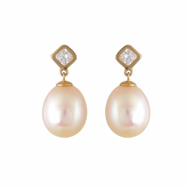 Σκουλαρίκια κρεμαστά με μαργαριτάρι και ζιργκόν σε κίτρινο χρυσό Κ14