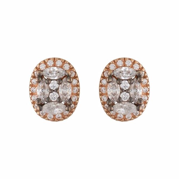 Σκουλαρίκια με οβάλ ροζέτα και λευκά ζιργκόν σε κίτρινο χρυσό Κ14