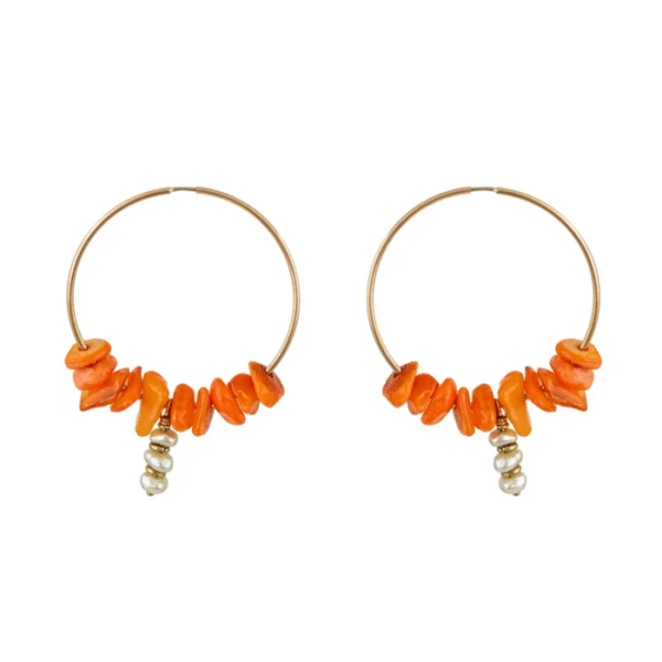 Σκουλαρίκια κρίκοι με μαργαριτάρια και πορτοκαλί κοχύλι