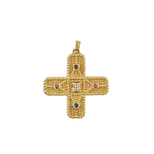 Σταυρός χειροποίητος σε Κ18 με ζαφείρια, διαμάντια και ρουμπίνια