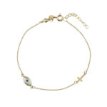 Βραχιόλι σε κίτρινο χρυσό κ14 με σταυρουδάκι και ματάκι