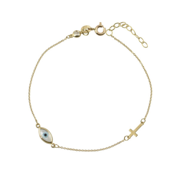 Βραχιόλι σε κίτρινο χρυσό κ14 με σταυρουδάκι και ματάκι