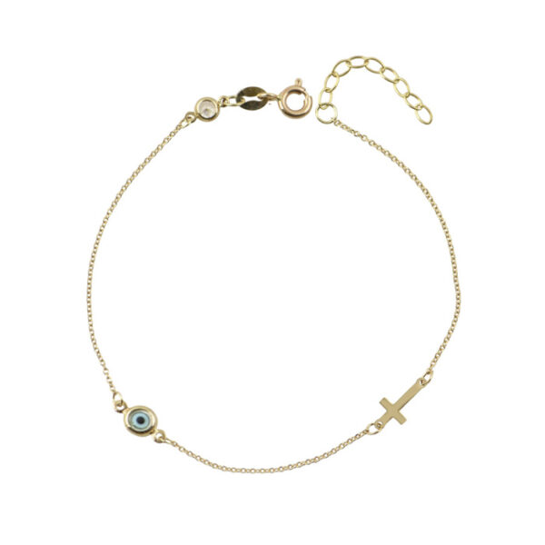 Βραχιόλι σε κίτρινο χρυσό κ14 με σταυρουδάκι και στρογγυλό ματάκι