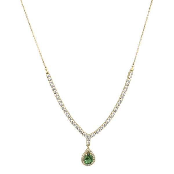 Κολιέ κίτρινο χρυσό με σχέδιο ροζέτα με πράσινο κέντρο και λευκά ζιργκον