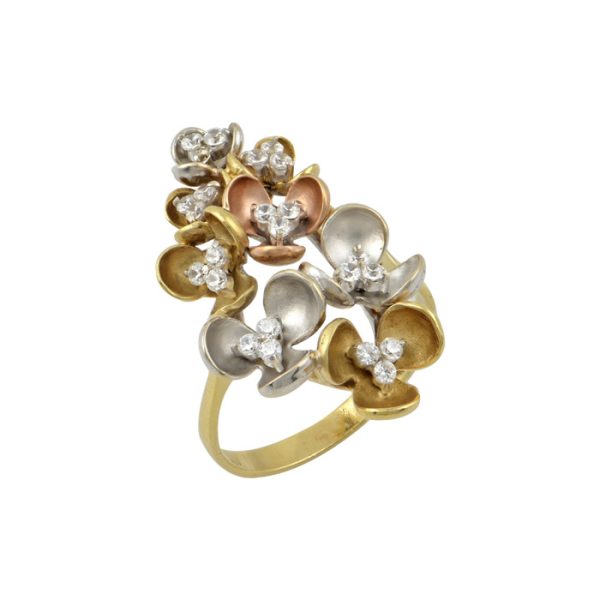 Δαχτυλίδι Χειροποίητο λουλούδι τρίχρωμο σε κίτρινο ροζ και λευκό χρυσό Κ18 με διαμάντια
