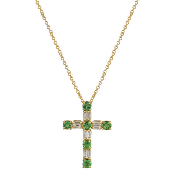 Σταυρός με καδένα σε κίτρινο χρυσό Κ18 με διαμάντια και σμαραγδια
