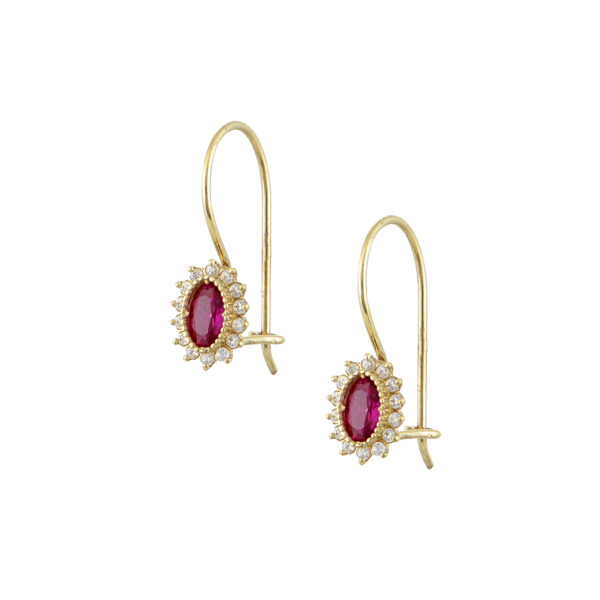 Σκουλαρίκια κρεμαστά σε κίτρινο χρυσό Κ14 με κόκκινη πέτρα ζιργκόν