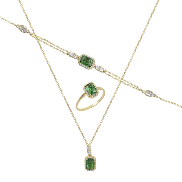 Σετ δαχτυλίδι,κολιέ,βραχιόλι διπλής όψης με πράσινη πέτρα ζιργκόν