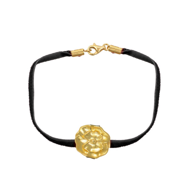 Βραχιόλι με μαύρο κορδόνι με ασημένια επίχρυση παπαρούνα