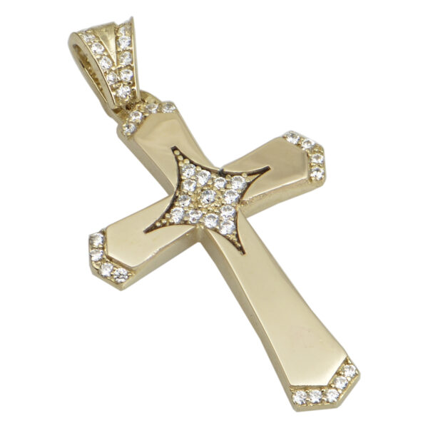 Σταυρός γυναικείος με ζιργκόν στις άκρες ,στον κρίκο και στο κέντρο του σε κίτρινο χρυσό Κ14