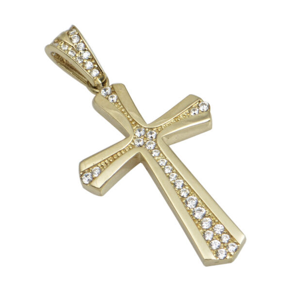 Σταυρός γυναικείος με ζιργκόν σε κίτρινο χρυσό Κ14 με κομψίματα
