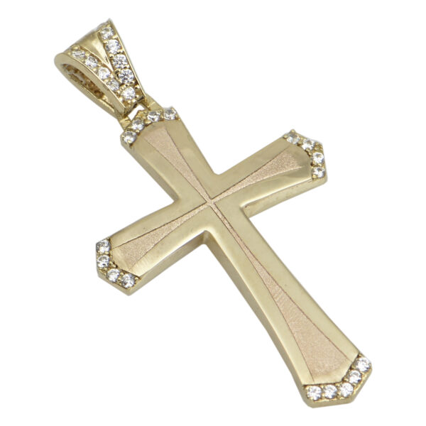 Σταυρός γυναικείος με ζιργκόν στις άκρες και στον κρίκο του σε κίτρινο χρυσό Κ14