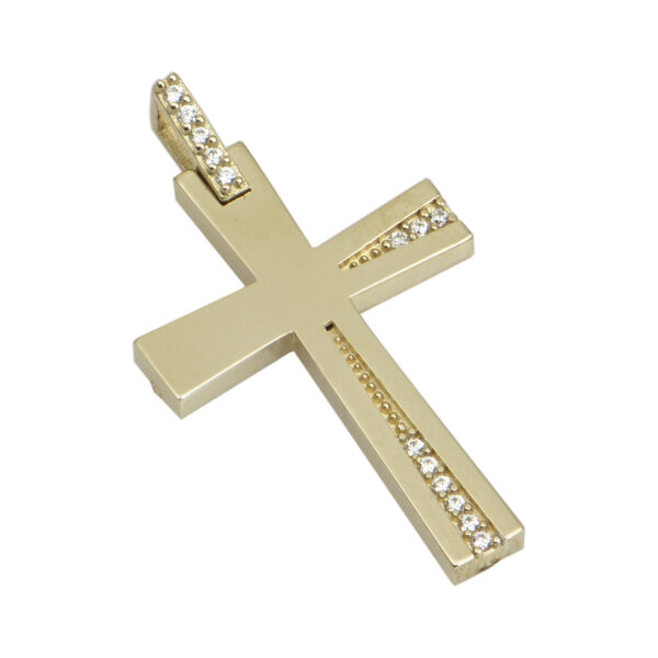 Σταυρός γυναικείος με τετραγωνισμένα κομψίματα με ζιργκόν σε κίτρινο χρυσό Κ14