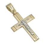 Σταυρός με εσταυρωμένο με ματ άκρα και διπλής όψης σε κίτρινο χρυσό Κ14