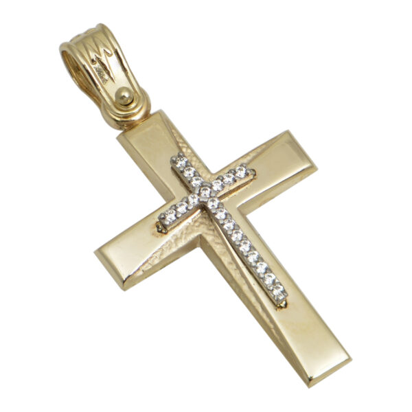Σταυρός γυναικείος με διπλό σταυρό στο κέντρο με ζιργκόν σε κίτρινο χρυσό Κ14