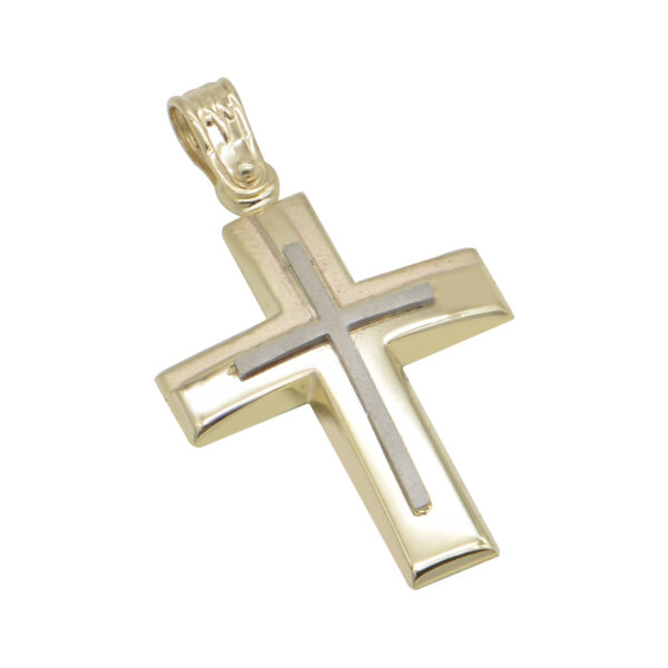 Σταυρός σε κίτρινο χρυσό Κ14 με δεύτερο σταυρό ματ στο κέντρο σε λευκό χρυσο Κ14