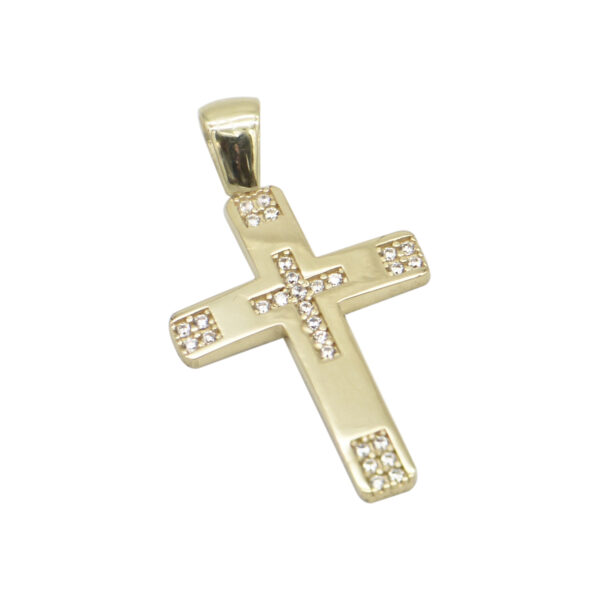 Σταυρός γυναικείος με ζιργκόν στι άκρες του και με σταυρό στο κέντρο σε κίτρινο χρυσό Κ14